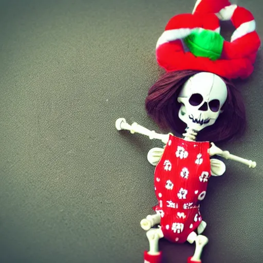 Image similar to an adorable simple porcelain ball jointed skeleton fashion doll lovingly crafted by hand at the park, bright and colorful, wearing festive overalls, worms eye view, macro camera lens, cinematic, focus