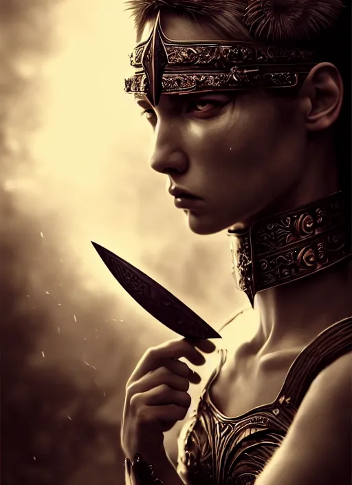 Image similar to a fierce young warrior woman moments before battle, diffuse lighting, fantasy, intricate, elegant, highly detailed, archillect, lifelike, Rebel, photorealistic, digital painting, artstation, punks, illustration, concept art, smooth, kinemacolor, sharp focus, artgerm, by John Collier and Albert Aublet and Leonardo da vinci and Krenz Cushart and Artem Demura and Alphonse Mucha