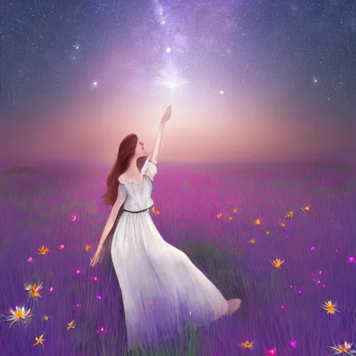 Prompt: breathtaking beautiful mystical illustration of a girl standing in a field of wild flowers gazing up at night sky, stars and milky way and moon, extreme foreshortening, bottom - up perspective, by akageno saru and thomke meyer and julia plath, trending on artstation, ballpoint, ultramarine and white
