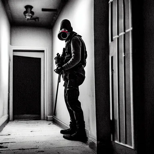 Image similar to A misterious man wearing a gas mask is standing on the midle of a stair hallway looking in the direction of the camera, the man is using a turned on flashlight to look for survivors :: Ruined city with vegetation growing from the distroyed buildings :: apocalyptic, shadowy, disolate :: A long shot, low angle, dramatic backlighting, simetric photography, night time, slighty colorful with blue, green and orange :: cinematic shot, very detailed