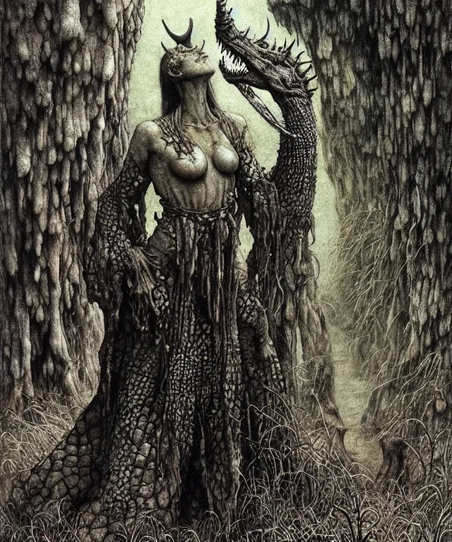 Prompt: A detailed horned crocodilewoman stands near the swamp. Wearing a ripped mantle, robe. Perfect faces, extremely high details, realistic, fantasy art, solo, masterpiece, art by Zdzisław Beksiński, Arthur Rackham, Dariusz Zawadzki