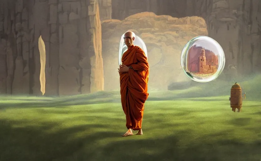 Image similar to a scary hyperrealist painting of an indian monk in a giant transparent bubble from howl's moving castle ( 2 0 0 4 ) in a flooded monument valley stonehenge jungle. depth perception, 4 k, artstation, in the style of studio ghibli