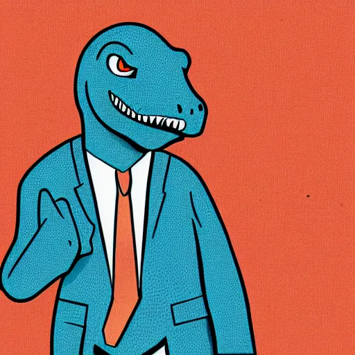 Prompt: detailed intricate colour illustration of a dinosaur wearing a business suit, comic art, cyberpunk