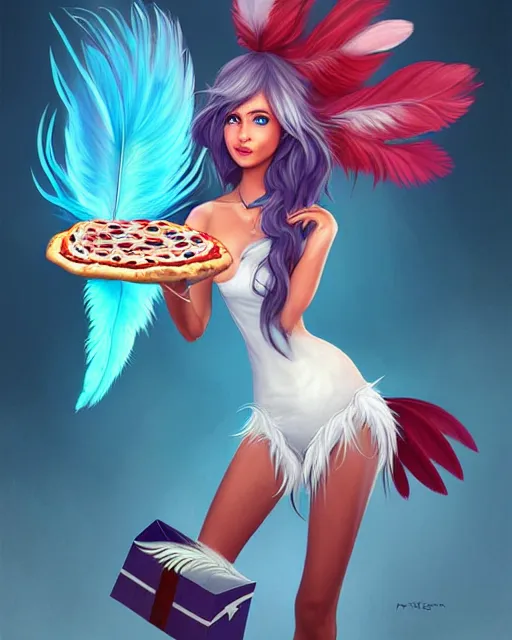 Image similar to ! dream cute female harpy as a pizza delivery woman, with feathery bird arms and talon bird feet, holding a cardboard pizza box. feathers for hair, cute, cinematic character design, stunning, highly detailed digital painting, artstation, stylized urban fantasy artwork, by artgerm and paul robertson