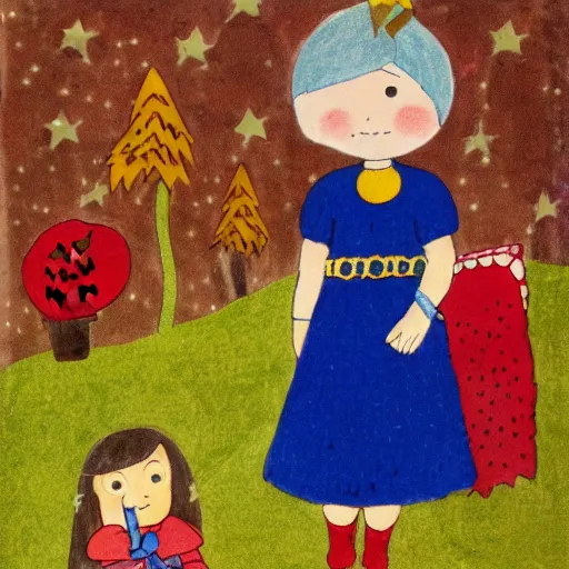 Prompt: children's book illustration of little girl black hair cut in a bob with bangs wearing a blue dress with jingle bells sewn all over at a halloween costume parade in the style of henry darger