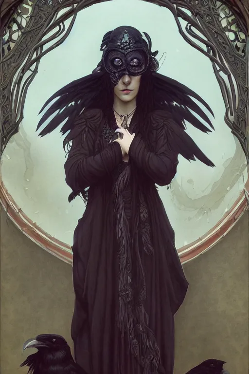 Prompt: a portrait of the Raven Queen, bored, illustration, dramatic lighting, soft details, painting oil on canvas, art nouveau, octane render, HDR, 4k, 8k, HD, by Edmund Blair Leighton, Brom, Charlie Bowater, trending on artstation, Tom Bagshaw faces by otto Schmidt