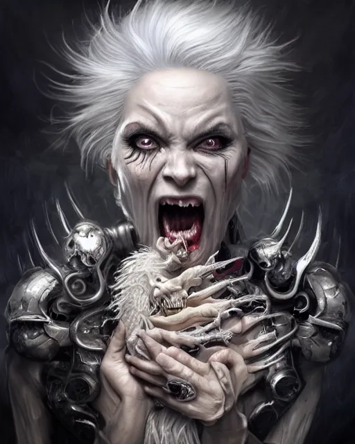 Prompt: Death is swallowed up in victory, very detailed and beautiful face, white hair, screaming, holding a mechanical Cobra, artwork by artgerm, centered face shot, wide angle, full body, Elfpunk, mythpunk, DD, fantasy, highly detailed, digital painting, artstation, smooth, sharp focus, art by thomas kinkade and H.R. Giger and Tyler Edlin