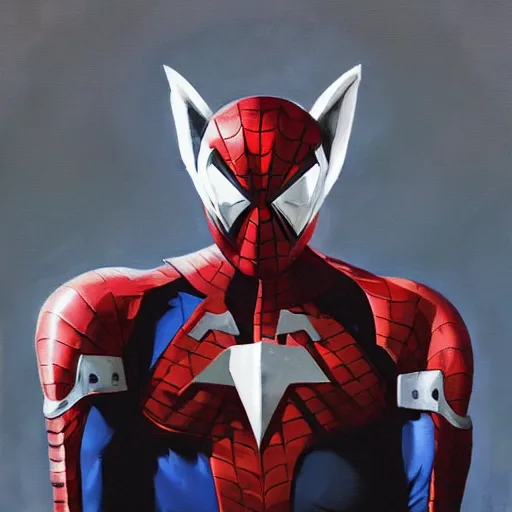 Image similar to greg manchess portrait painting of armored spiderman ultraman grey fox from metal gear cyborg gay japanese - american hybrid as overwatch character, medium shot, asymmetrical, profile picture, organic painting, sunny day, matte painting, bold shapes, hard edges, street art, trending on artstation, by huang guangjian and ail elvgren and sachin teng