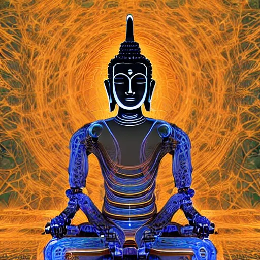 Image similar to robotic lifeform buddha meditating in front of a beautiful fractal neural network