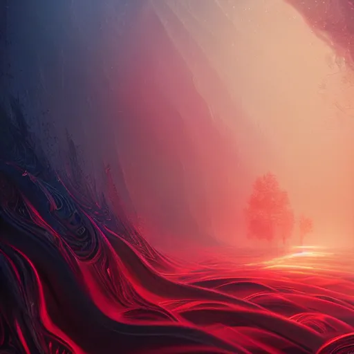 Image similar to black and red glowing resonance fractals, intricate, elegant, fantasy, highly detailed, digital painting, concept art, sharp focus, illustration, beautiful volumetric lighting, epic light, artstation, magic hour lighting, colorful, sunshine, springtime, art by Sylvain Sarrailh