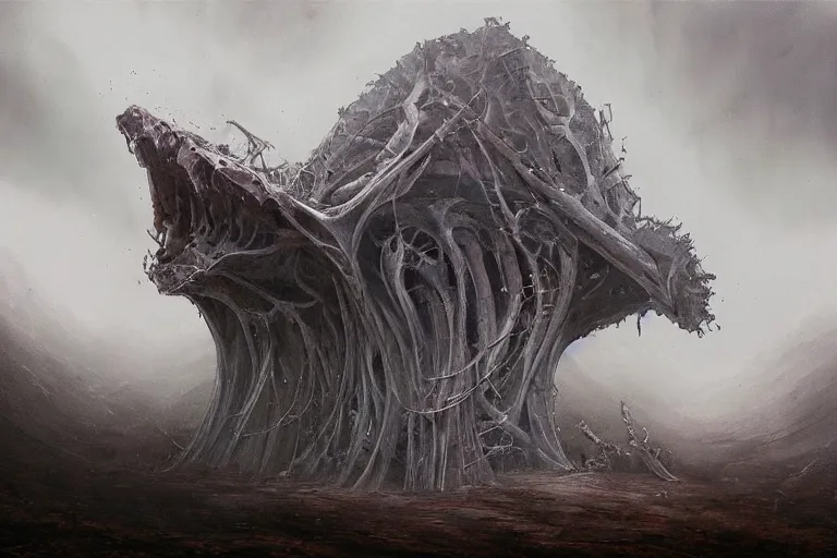 Prompt: prophecy, moody, amazing concept painting, art station, by Jessica Rossier and HR giger and Beksinski, the middle of a valley; it was full of bones, bones that were very dry, there was a noise, a rattling sound, and the bones came together, bone to bone , I looked, and tendons and flesh appeared on them and skin covered them, but there was no breath in them and breath entered them, they came to life and stood up on their feet a vast army