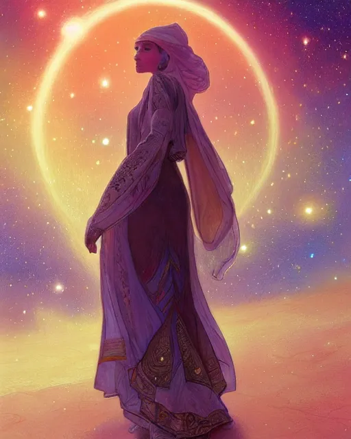 Image similar to bedouin in galaxy walking towards mosque surrounded by nebula, highly detailed, gold filigree, romantic storybook fantasy, soft cinematic lighting, award, disney concept art watercolor illustration by mandy jurgens and alphonse mucha and alena aenami, pastel color palette, featured on artstation