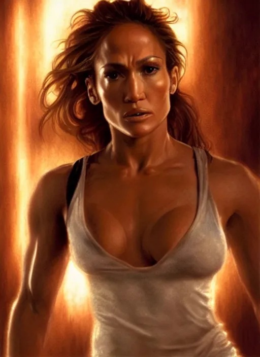 Image similar to A film still of jennifer lopez as John Mcclane in die hard, highly detailed, digital painting, artstation, concept art, sharp focus, illustration, cinematic lighting, art by artgerm and greg rutkowski and alphonse mucha diffuse lighting, fantasy, intricate, elegant, highly detailed, lifelike, photorealistic, digital painting, artstation, illustration, concept art, smooth, sharp focus, art by John Collier and Albert Aublet and Krenz Cushart and Artem Demura and Alphonse Mucha