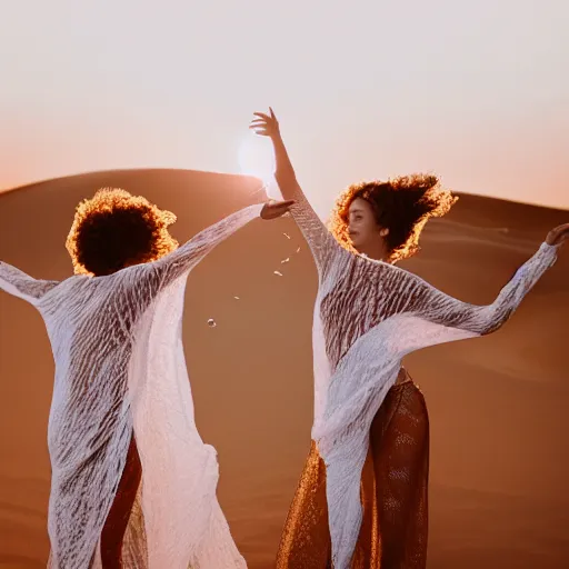 Image similar to filmstill photography of two female body sulhouettes covered with curly white translucent blanket blowing in wind, acrylic liquid colors, luxurious supermodel photoshooting, golden jewelry, bokeh, godrays, strong wind, wrinkles, sunrays, sunset, lens flares, cold colors, sand dunes