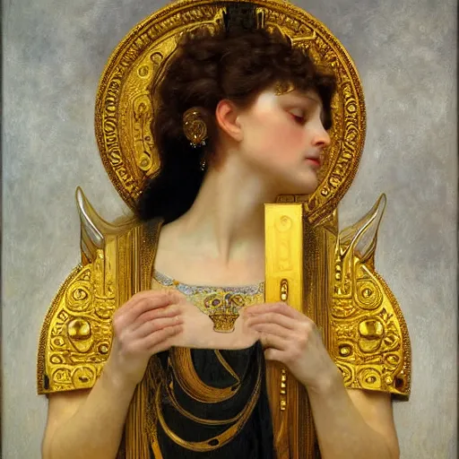 Prompt: painting portrait of Hel goddess of the death, viking culture, intricate, elegant, digital painting, smooth, sharp focus, shiny gold, realistic gold, realistic metal, by William-Adolphe Bouguereau and Gustav Klimt,