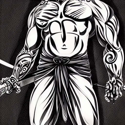 Image similar to muscular bald man, tattooed body, sword in hands, HD, anime style,