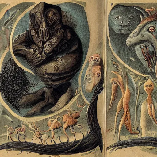 Image similar to bestiary of creatures from the depths of the unconscious psyche