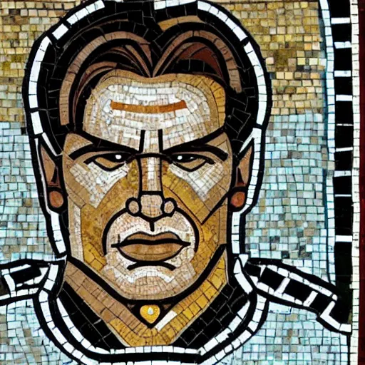 Image similar to ancient greek mosaic of arnold schwarzenegger as link from zelda