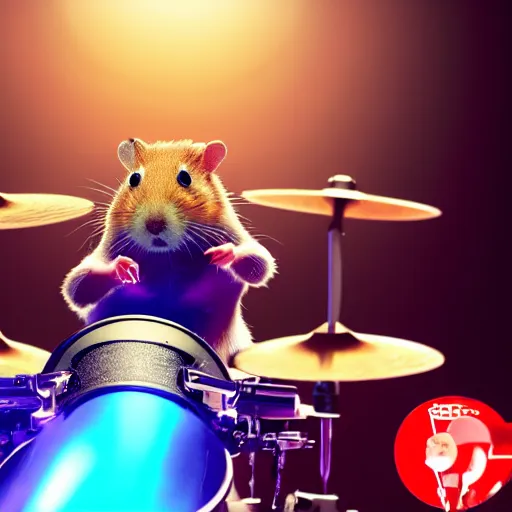 Prompt: a hamster playing drums on a stage in a small club, red and blue stagelights, photorealistic