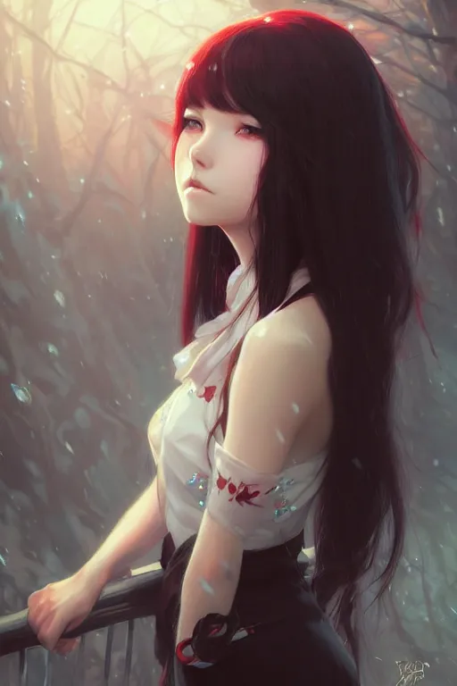 Prompt: a beautiful girl with long black hair and red eyes, fantasy, sharp focus, intricate, digital painting, artstation, highly detailed, ambient lighting, portrait by Studio Ghibli, Rossdraws, artgerm, Ilya Kuvshinov, and Greg Rutkowski