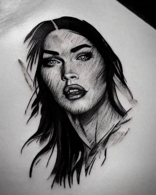 Image similar to tattoo sketch of megan fox face mash up with beautiful mountains, in the style of dan mountford, double exposure, hyper realistic, amazing detail, black and white