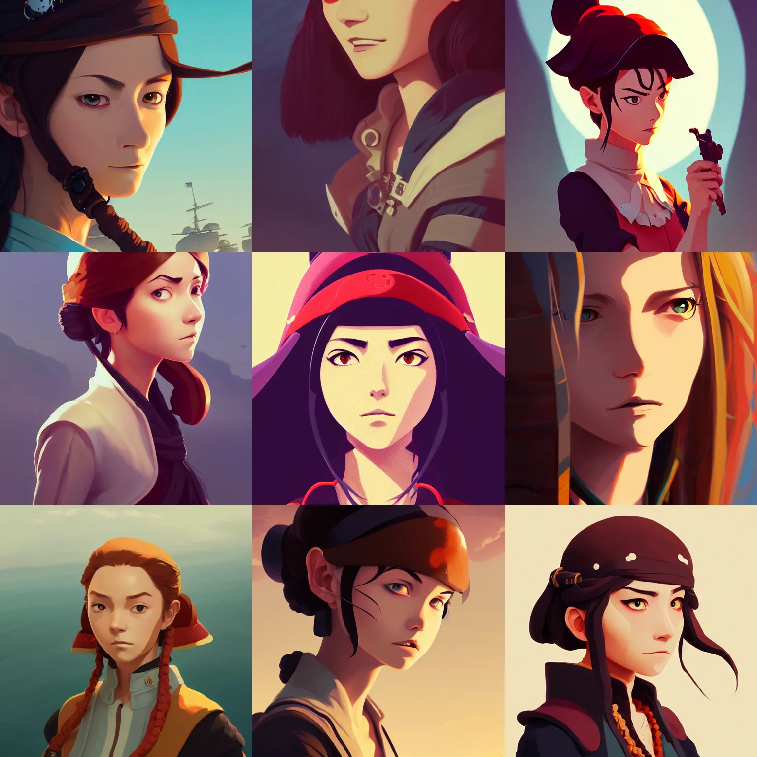 Prompt: portrait of a young woman pirate fierce, artstation, elegant, highly detailed, digital painting, concept art, smooth, sharp focus, illustration, art by studio ghibli, fujita goro, atey ghailan, tom whalen, jean giraud 8 k