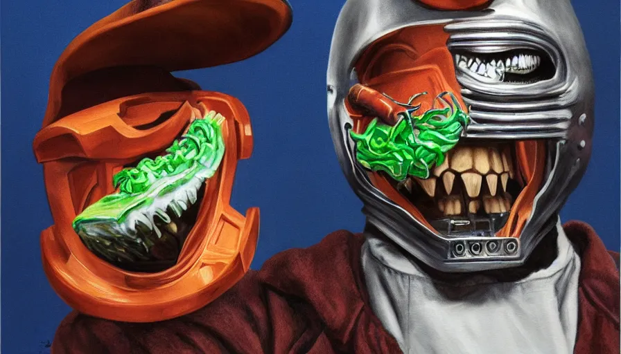 Image similar to beautiful lifelike painting of mf doom armed to the teeth with herring, hyperreal detailed facial features and uv lighting, art by ed roth and basil wolverton