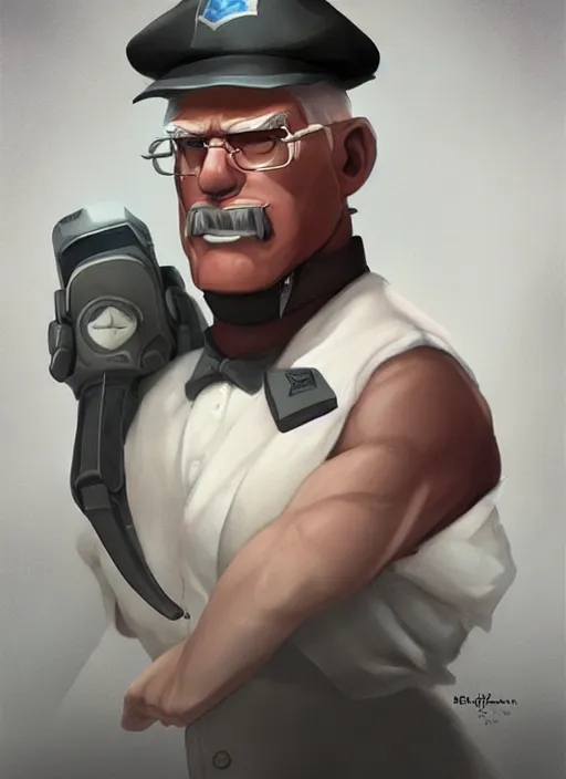 Image similar to a fusion of the heavy from team fortress 2 and bernie sanders, character portrait, cinematic lighting, art by artgerm and tom bagshaw, team fortress character art, socialist mercenary