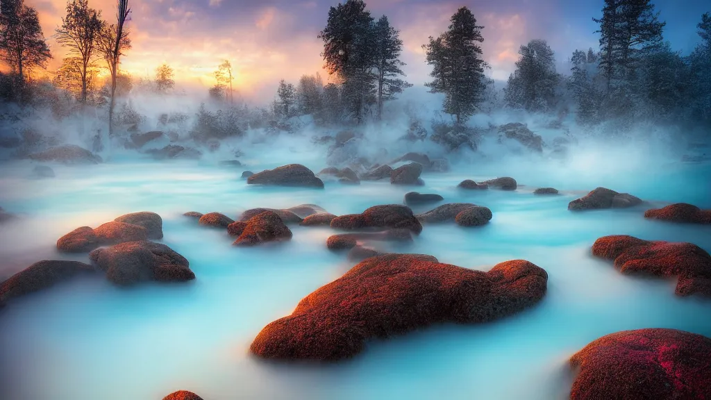 Image similar to amazing landscape photo of hot springs by marc adamus, beautiful dramatic lighting