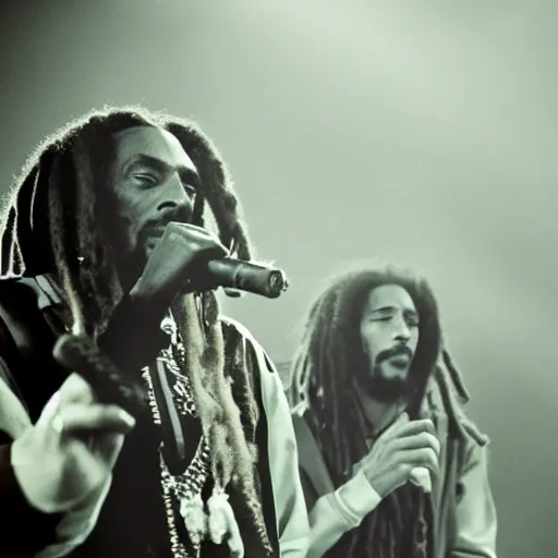 Image similar to a dramatic photograph of snoop dog and bob marley in concert in an infinite universe of mystical light, ground haze, dramatic lighting, filmic, cinematographic, sci - fi