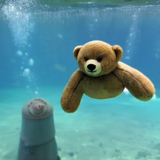 Prompt: Teddy bears working on new AI research underwater with 1990s technology