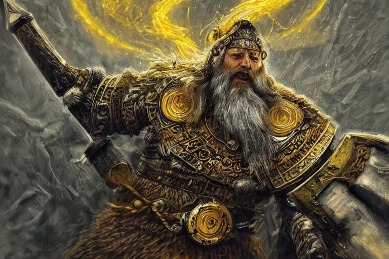 Image similar to mythological viking odin all father Shaman of artificial intelligence creating an artificial neural network, deep learning, with yellow synapses on an anvil, high resolution, award winning art, trending on art station, sharp image, incredibly detailed, detailed character realistic painting