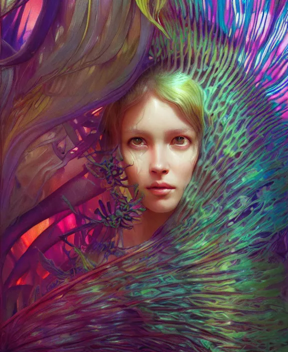 Prompt: filigreed colorful transparent portrait of a terrifying beautiful alien sea creature, fronds, mottled coloring, adorable, childlike, horror environment, ultra realistic, concept art, art nouveau, photorealistic, octane render, 8 k, unreal engine. art by christopher marley and artgerm and greg rutkowski and alphonse mucha