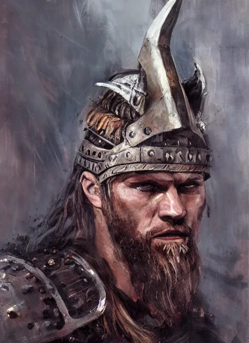 Prompt: portrait painting of viking berserker with a dinosaur headdress, by jeremy mann, only one head single portrait