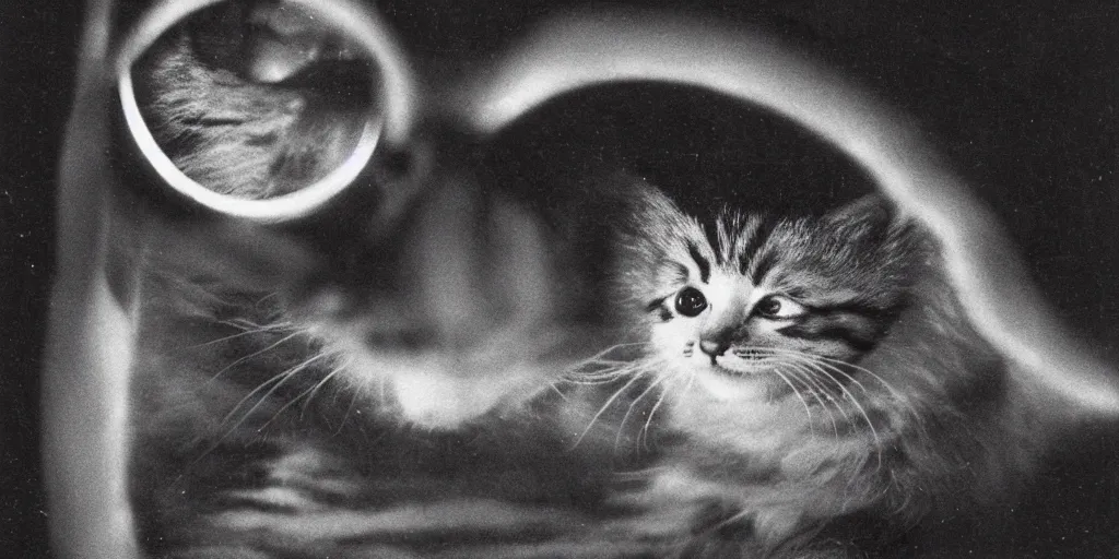 Prompt: 1980s magazine photo of a kitten looking into an infinity mirror