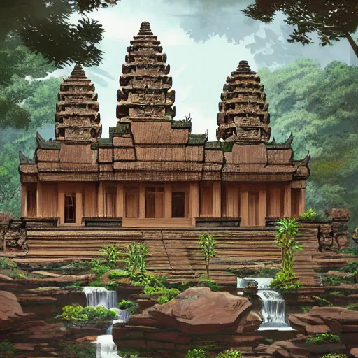 Prompt: art deco angkor wat brownstone temple on a platform that extends over a great waterfall, everglades, by asher brown durand and eddie mendoza and studio ghibli, trending on artstation