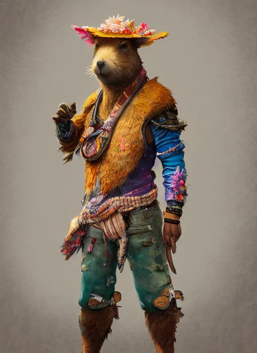 Image similar to detailed full body concept art illustration colorful pastel painting of an anthropomorphic capybara cowboy in full intricate clothing, biomutant, ultra detailed, digital art, octane render, 4K