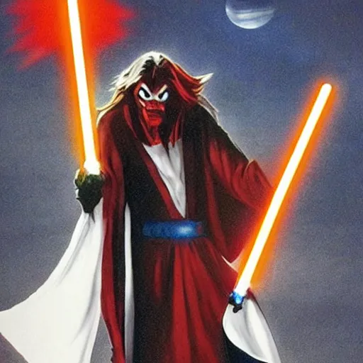 Image similar to morbius. morbius!!!!!!!!!! morbius. morbius holding a lightsaber. and skywalker, pyramids in background.