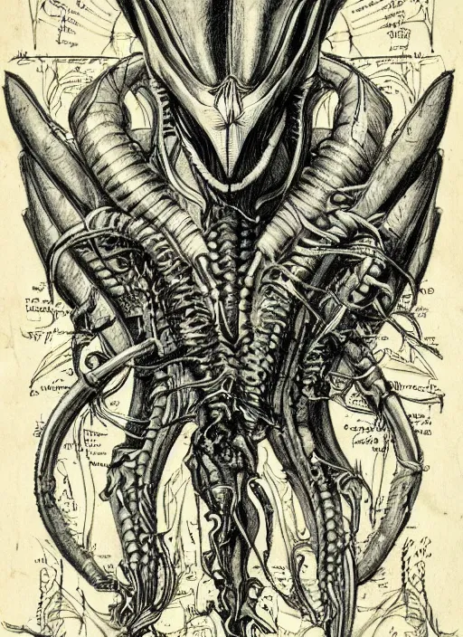 Image similar to full page scan of vintage anatomical drawing of Xenomorph, intricate details, faded colors, necronomicon style, illustration, intricate writing, symmetry, concept art