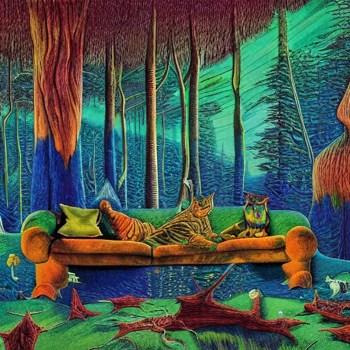 Image similar to psychedelic couch sofa in the pine forest, goose, milky way, designed by moebius, rob gonsalves, gustav dore, giuseppe arcimboldo and carl barks, louis wain, trending on artstation, canada, star, sharp focus, colorful refracted sparkles and lines, soft light, 8 k 4 k