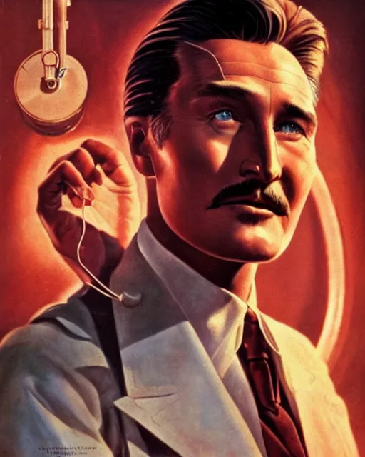 Image similar to Errol Flynn as a scientist. 1980s dystopian Soviet Russia, propaganda screens. Unreal engine, fantasy art by Ignacio Bazan-Lazcano. Faithfully depicted facial expression, perfect anatomy global illumination, radiant light, detailed and intricate environment