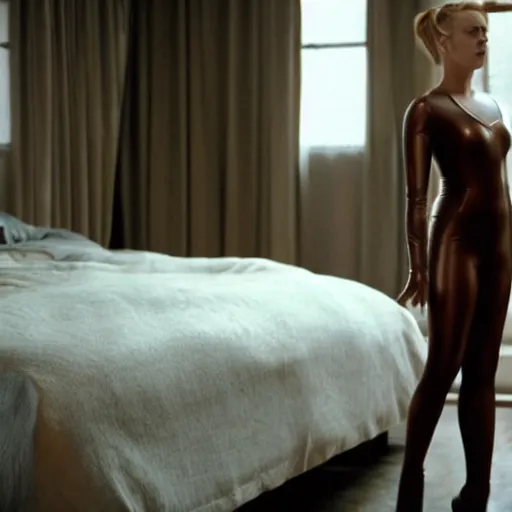 Image similar to fully clothed, amazing beautiful carlett johansson in leather body suit and high heels in bedroom, film still from the movie directed by denis villeneuve, wide lens