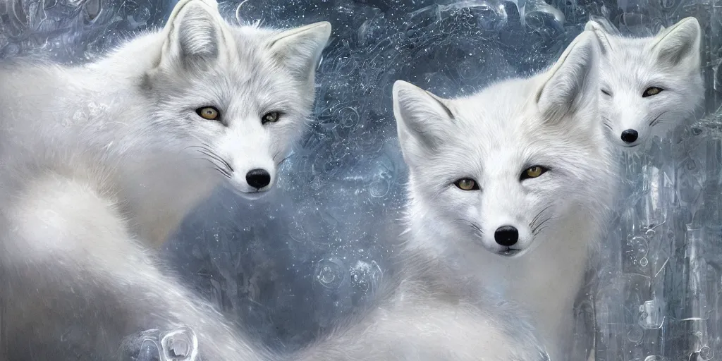 Prompt: white fox covered in clear translucent material like glass, fantasy art, biopunk