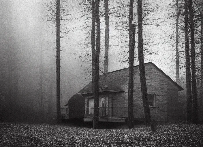 Prompt: house in the wood, black wolf guarding, Jakub Rozalski, lomography photo, blur, unfocus, red monochrome
