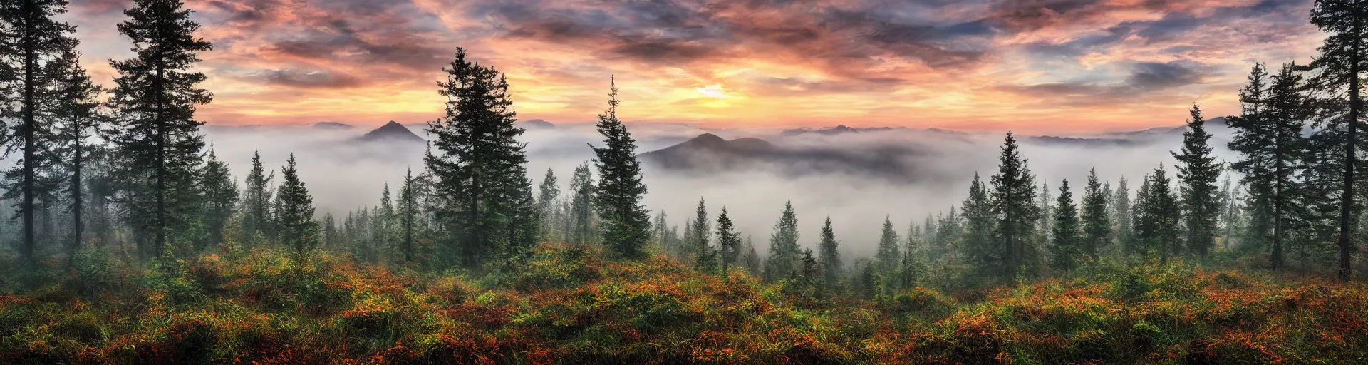 Prompt: beautiful foggy forest mountain landscape with a majestic sunrise, art, high detail, high definition, photorealistic, hdr,