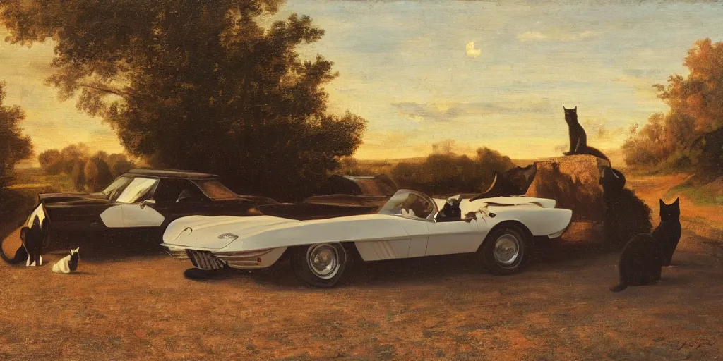 Image similar to corvette with cats sitting in and on the car, old dutch painting, golden hour, shadows, wide shot