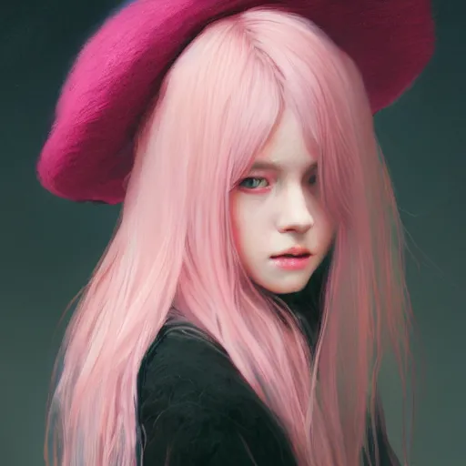 Prompt: a photorealistic dramatic fantasy render of a pink coloured haired young girl with a black wool hat by wlop, artgerm, greg rutkowski, alphonse mucha, beautiful dynamic dramatic dark moody lighting, shadows, cinematic atmosphere, artstation, concept design art, octane render, 8 k