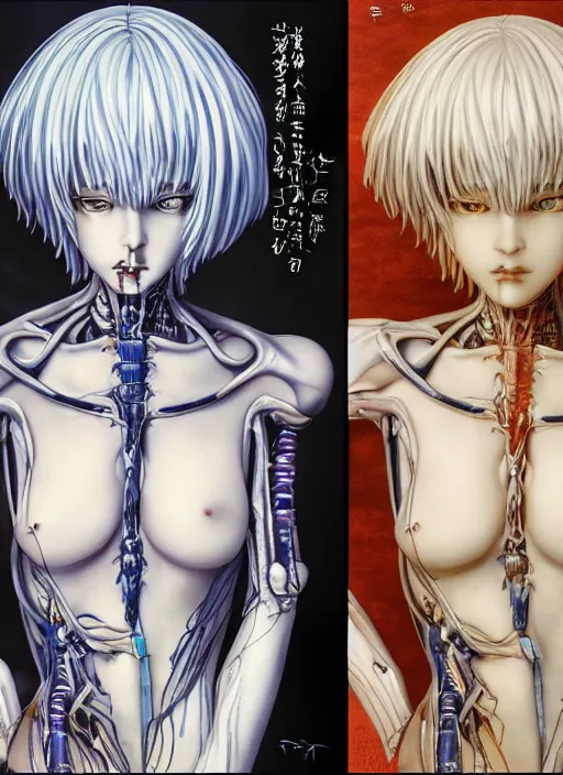 Image similar to Rei Ayanami by Yoshitaka Amano, by HR Giger, 4k, hyper detailed, hyperrealism