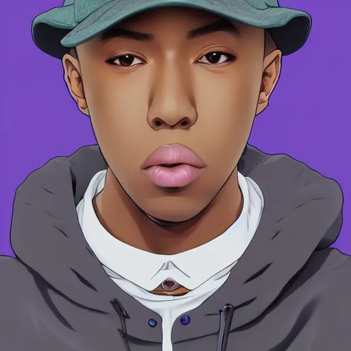 Image similar to tyler the creator, anime style, wearing hat, birthday balloon, fashion clothing, shoulder eyes, last exile anime, symmetrical facial features, from arknights, hyper realistic, 4 k, rule of thirds, extreme detail, detailed drawing, trending artstation, realistic lighting, by alphonse mucha, greg rutkowski, short neck