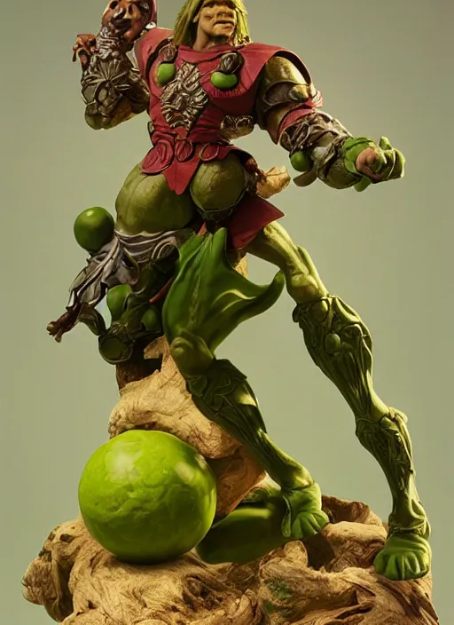 Image similar to heman anthropomorphic pea action figure, spherical green head, diffuse lighting, photographic fantasy, intricate detail, elegant, highly detailed, lifelike, photorealistic, artstation, art by john collier, frank frazetta, albert aublet, krenz cushart, artem demura and alphonse mucha